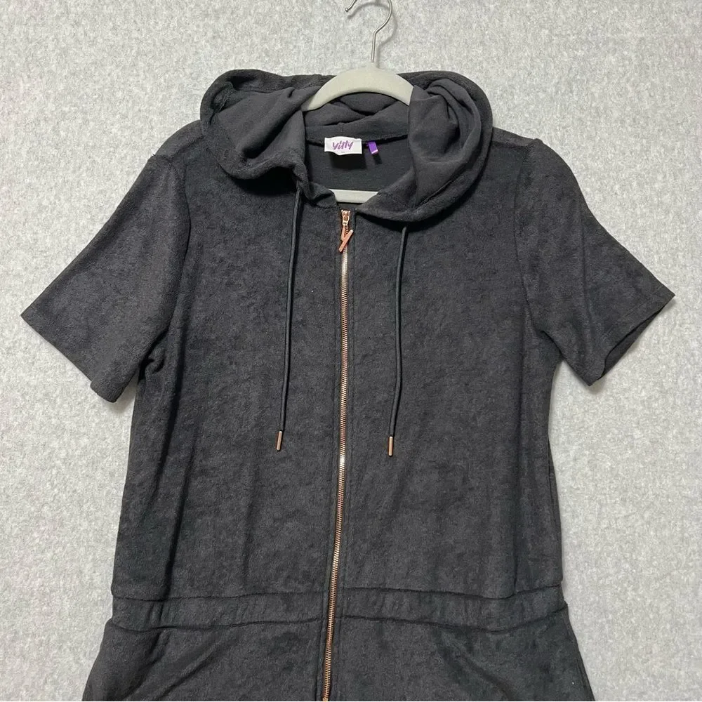 YITTY Terry Cloth Romper Size XL Black Hooded Zip Up Elastic Waist Athleisure - Picture 3 of 13